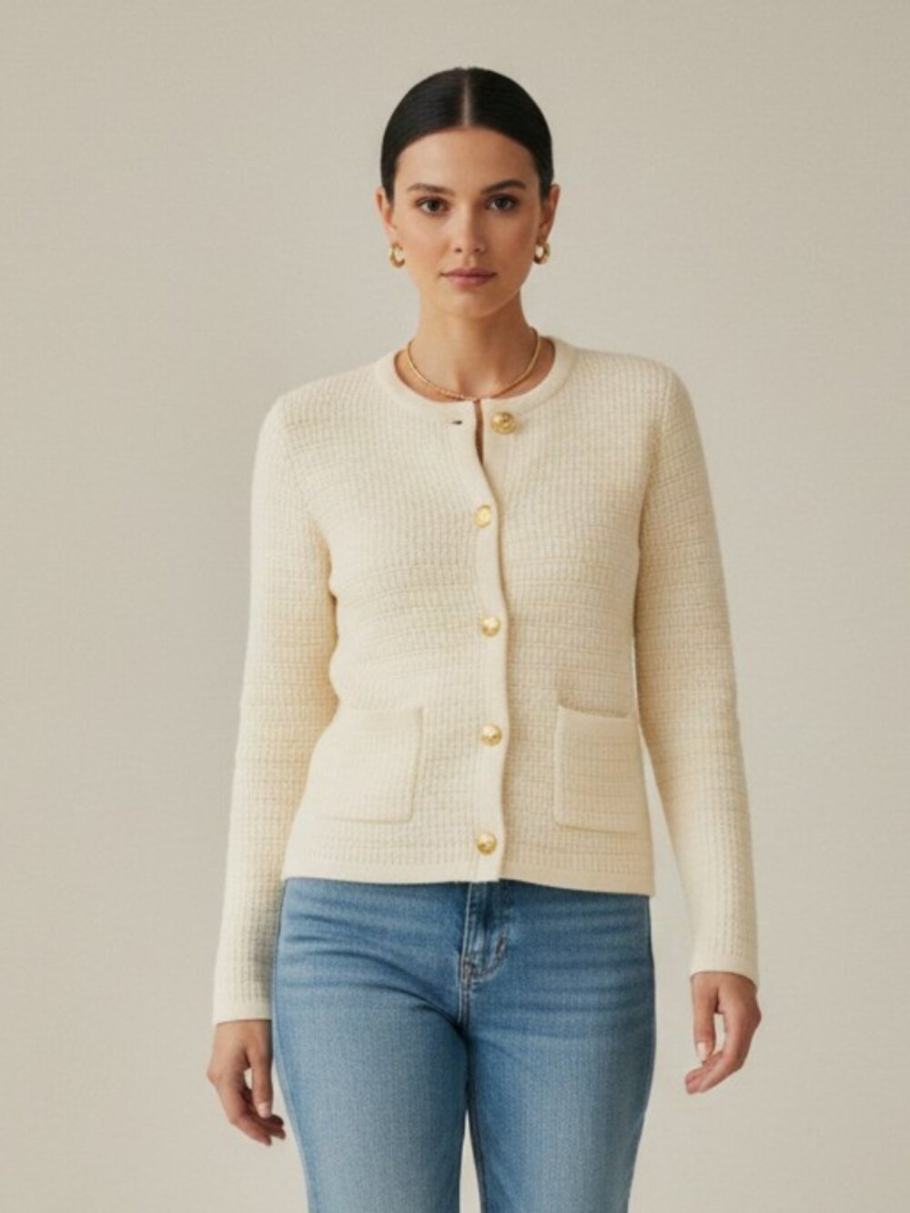 Hyacinth House Maybourne Cardigan XXS NWT Cream Woven Gold Button Structured